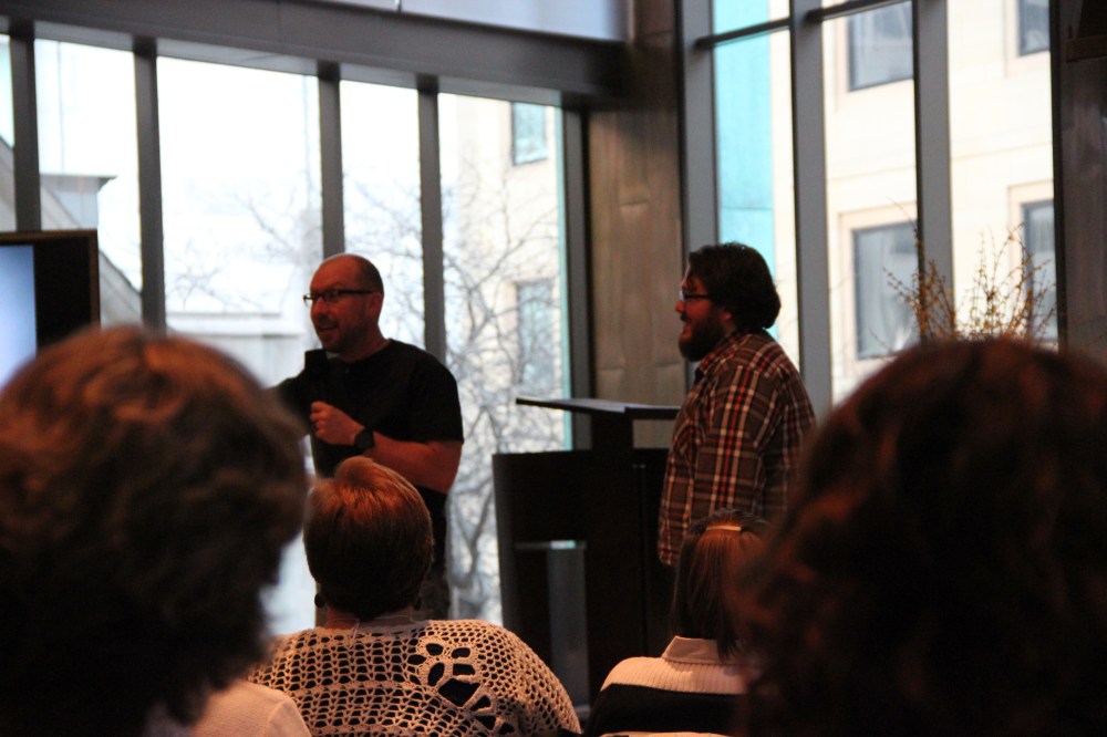 Tony Jones and Tripp Fuller talking about the Homebrewed Christianity. Photo Courtesy of Shelley Donaldson.